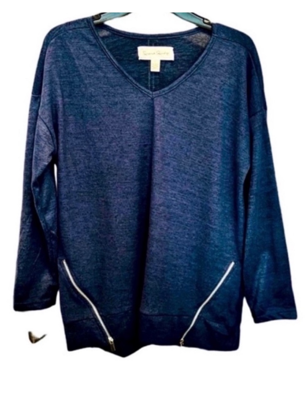 French Laundry V-neck Pullover Sweater Long Sleeve Zipper Detail Blue Size L